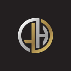 Initial letter LH, looping line, circle shape logo, silver gold color on black background