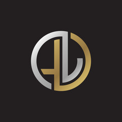 Initial letter LJ, looping line, circle shape logo, silver gold color on black background