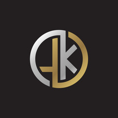 Initial letter LK, looping line, circle shape logo, silver gold color on black background