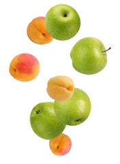 Falling apples and apricots isolated on white background.