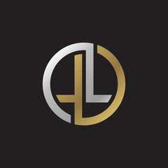 Initial letter LL, looping line, circle shape logo, silver gold color on black background