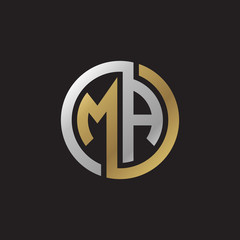 Initial letter MA, looping line, circle shape logo, silver gold color on black background - obrazy, fototapety, plakaty