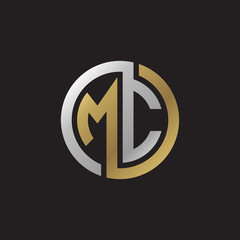 Initial letter MC, looping line, circle shape logo, silver gold color on black background