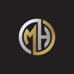Initial letter MH, looping line, circle shape logo, silver gold color on black background