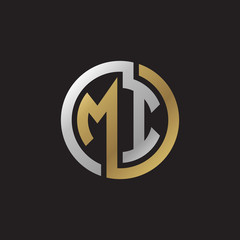 Initial letter MI, looping line, circle shape logo, silver gold color on black background