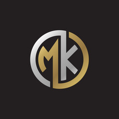 Initial letter MK, looping line, circle shape logo, silver gold color on black background