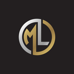 Initial letter ML, looping line, circle shape logo, silver gold color on black background