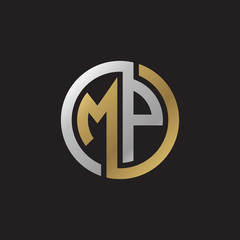 Initial letter MP, looping line, circle shape logo, silver gold color on black background
