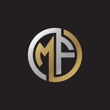 Initial letter MF, looping line, circle shape logo, silver gold color on black background