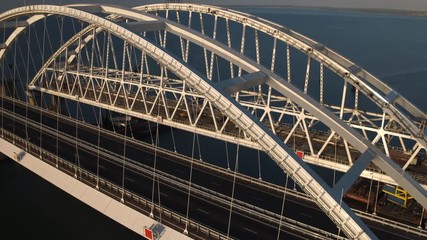 KERCH, RUSSIA, May 16, 2018: Aerial view of The Crimean Bridge, Kerch Bridge, colloquially the Kerch Strait Bridge with road and rail passages across the Kerch Strait, which will connect the Taman