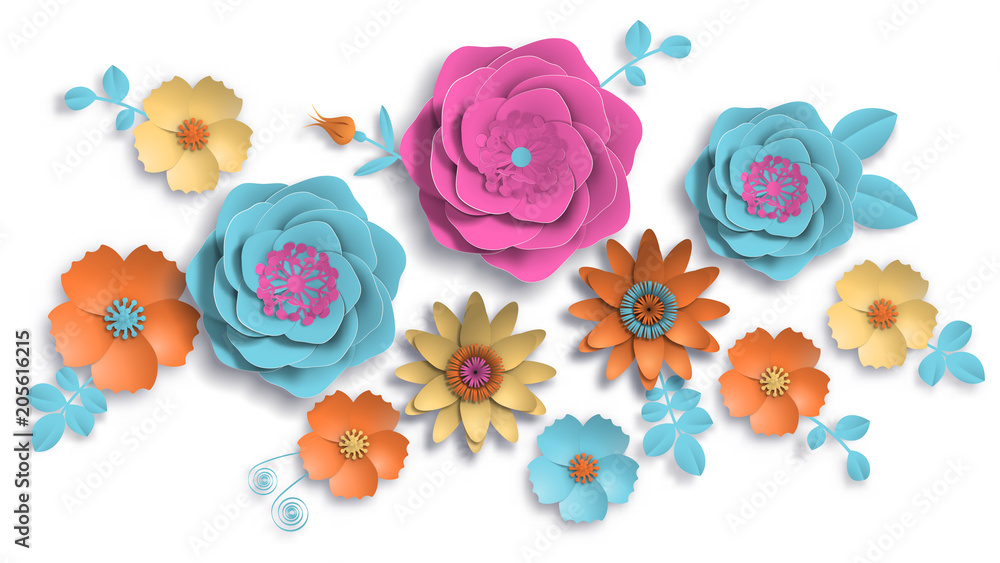 Wall mural paper art, summer flowers on a white background with leaves cut of paper. vector stock illustration