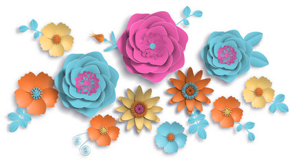 Paper art, summer flowers on a white background with leaves cut of paper. Vector stock illustration