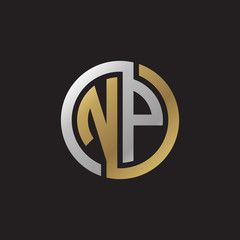 Initial letter NP, looping line, circle shape logo, silver gold color on black background