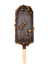 ice cream bar covered with chocolate and almonds. isolated over white.