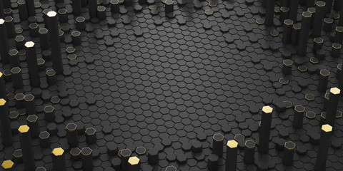 Black hexagons with gold. 3D rendering illustration. Abstraction of the background.