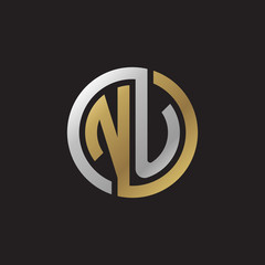 Initial letter NU, looping line, circle shape logo, silver gold color on black background