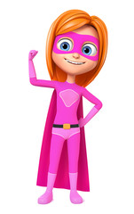 Girl in pink superhero costume on a white background shows the strength. 3d render illustration.