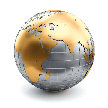 Globe gold on white background. 3D rendering illustration.