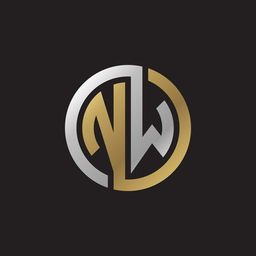 Initial letter NW, looping line, circle shape logo, silver gold color on black background