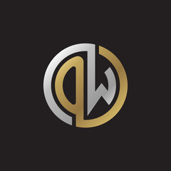 Initial letter OW, looping line, circle shape logo, silver gold color on black background