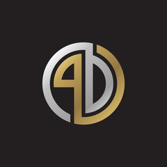 Initial letter PD, PO, looping line, circle shape logo, silver gold color on black background