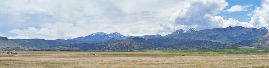 Panorama of Oquirrh Mountain range which includes The Bingham Canyon Mine or Kennecott Copper Mine,...