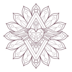 Line art of circular mandala with a heart diamond and wings