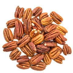 Raw Natural Organic Pecans Nuts Scattered Isolated on White Background Top View Healthy Food for Life Natural Light Selective Focus