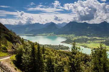 Naklejka na ściany i meble View of Wolfgangsee (Lake Wolfgang) from the Schafberg Railway train, Salzkammergut, Austria