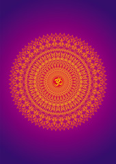 Mandala with a sign of Aum (Om, Ohm) in yellow-orange red and purple colors. Artistic ornament, spiritual symbol. Vector graphics.