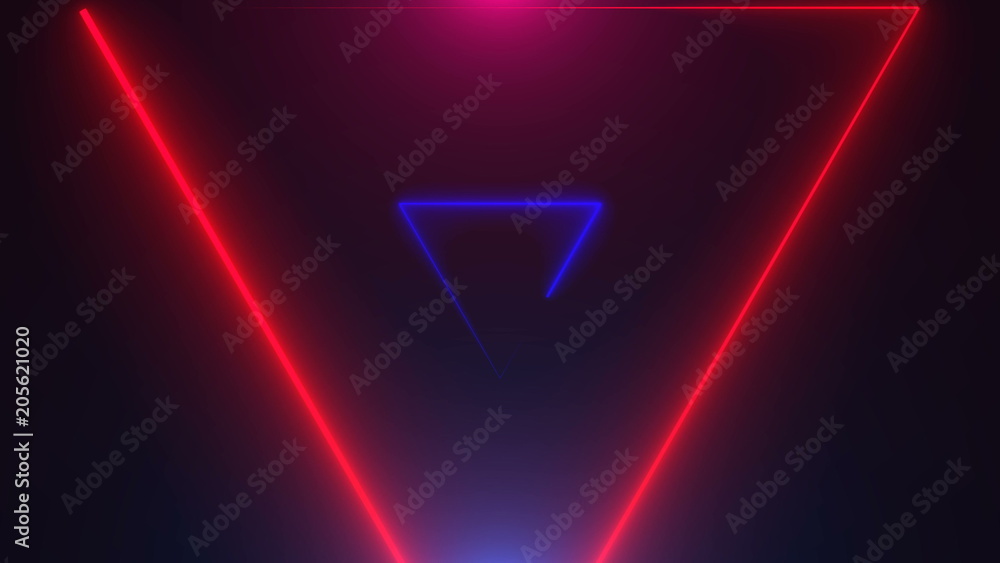 Poster many neon triangles in space, abstract computer generated backdrop, 3d rendering backdround