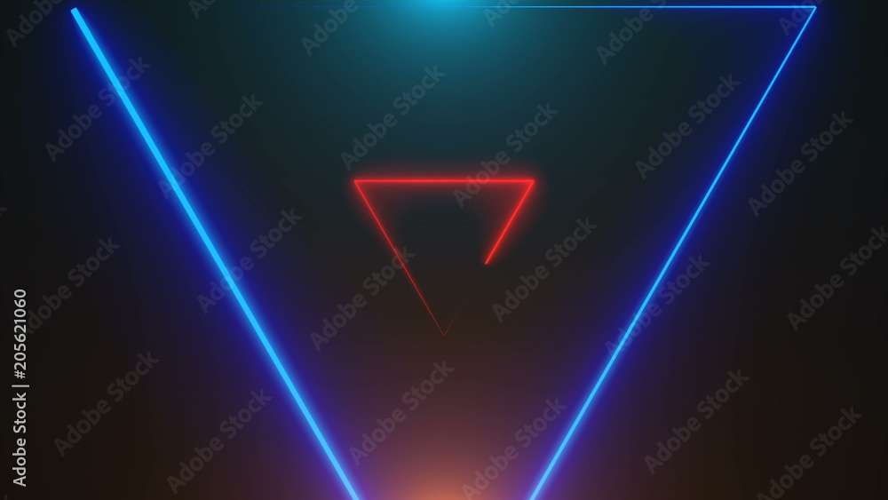 Poster many neon triangles in space, abstract computer generated backdrop, 3d rendering backdround