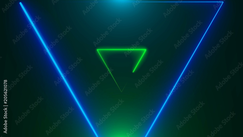 Poster many neon triangles in space, abstract computer generated backdrop, 3d rendering backdround