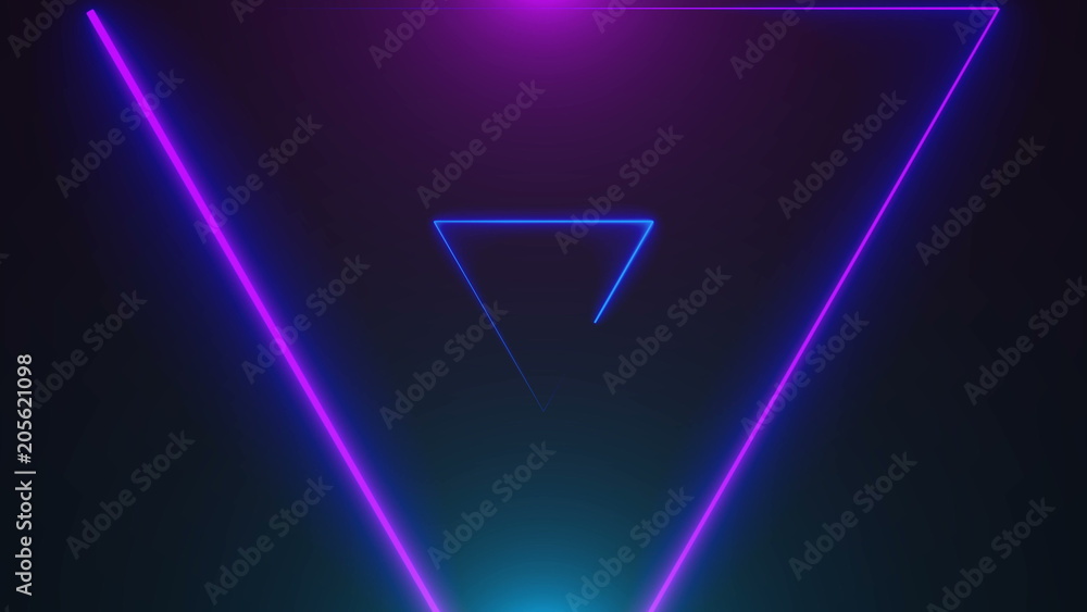 Poster many neon triangles in space, abstract computer generated backdrop, 3d rendering backdround