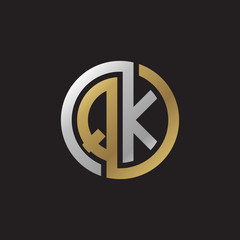 Initial letter QK, looping line, circle shape logo, silver gold color on black background