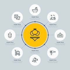 Circle network chart hotel, education, travel infographic template with 8 options for presentations, advertising, annual reports.