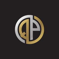 Initial letter QP, looping line, circle shape logo, silver gold color on black background