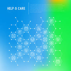 Help and care concept in honeycombs with thin line icons: symbols of support, help for children and disabled, togetherness, philanthropy and donation. Vector illustration, template for print media.