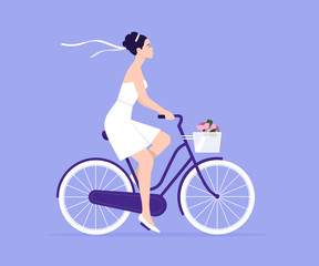 The girl is riding a bicycle. Bride. Rest and vacation. Wedding. Healthy lifestyle. Vector flat illustration