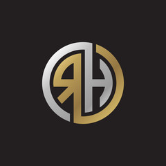 Initial letter RH, looping line, circle shape logo, silver gold color on black background