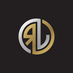 Initial letter RJ, RL, looping line, circle shape logo, silver gold color on black background