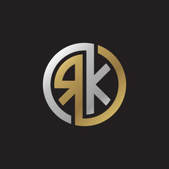 Initial letter RK, looping line, circle shape logo, silver gold color on black background