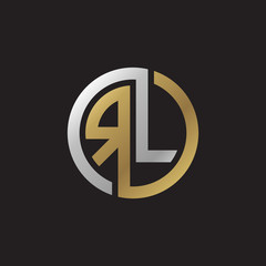 Initial letter RL, looping line, circle shape logo, silver gold color on black background