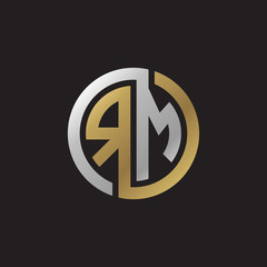 Initial letter RM, looping line, circle shape logo, silver gold color on black background