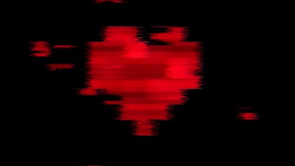 A red heart symbol made of big pixel blocks, on a black background, with a heavy glitch damage effect.
