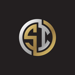 Initial letter SI, looping line, circle shape logo, silver gold color on black background