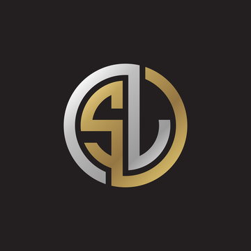 Initial letter SJ, SL, looping line, circle shape logo, silver gold color on black background