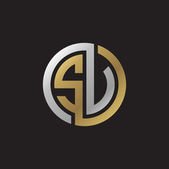 Initial letter SV, SU, looping line, circle shape logo, silver gold color on black background