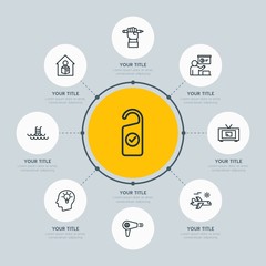 Circle network chart hotel, education, travel infographic template with 8 options for presentations, advertising, annual reports.
