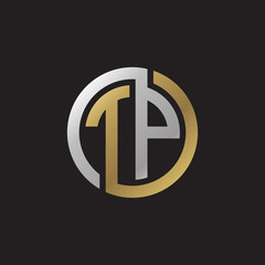 Initial letter TP, looping line, circle shape logo, silver gold color on black background